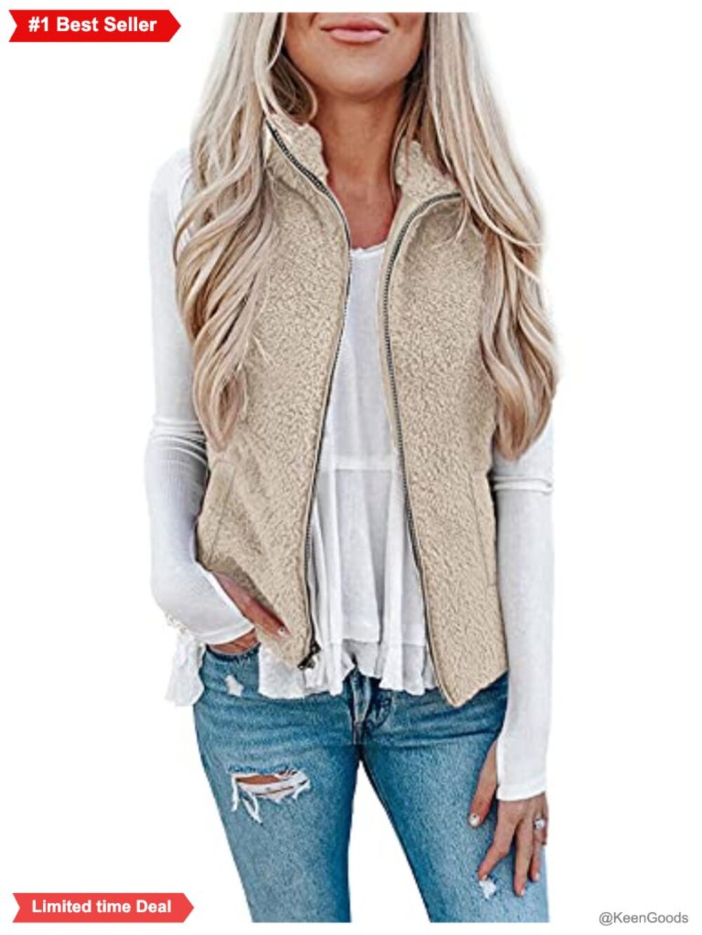 LOMON Fuzzy Sherpa Fleece Vest Lightweight Sleeveless Zip Cardigan with Pockets